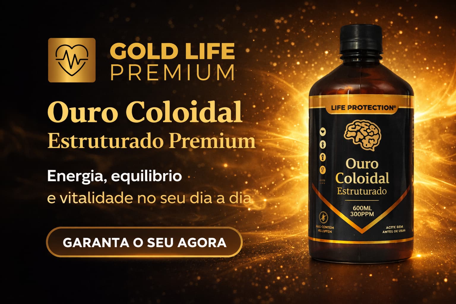 Frasco de ouro coloidal original Ouro Coloidal Estruturado Premium 600ml 300PPM da Gold Life Premium